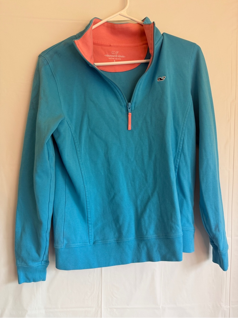 Vineyard Vines Women's Turquoise Quarter-Zip Pullover with Coral Trim